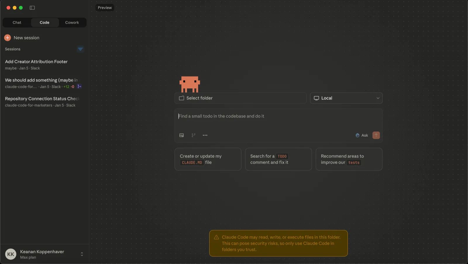 Starting a new Claude Code session in Desktop