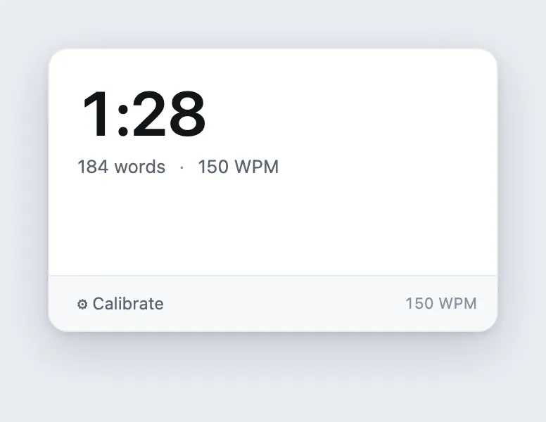 The Script Timer popup showing an estimated read-aloud time of 1:28 for a 184-word selection at 150 WPM, with a Calibrate option in the footer