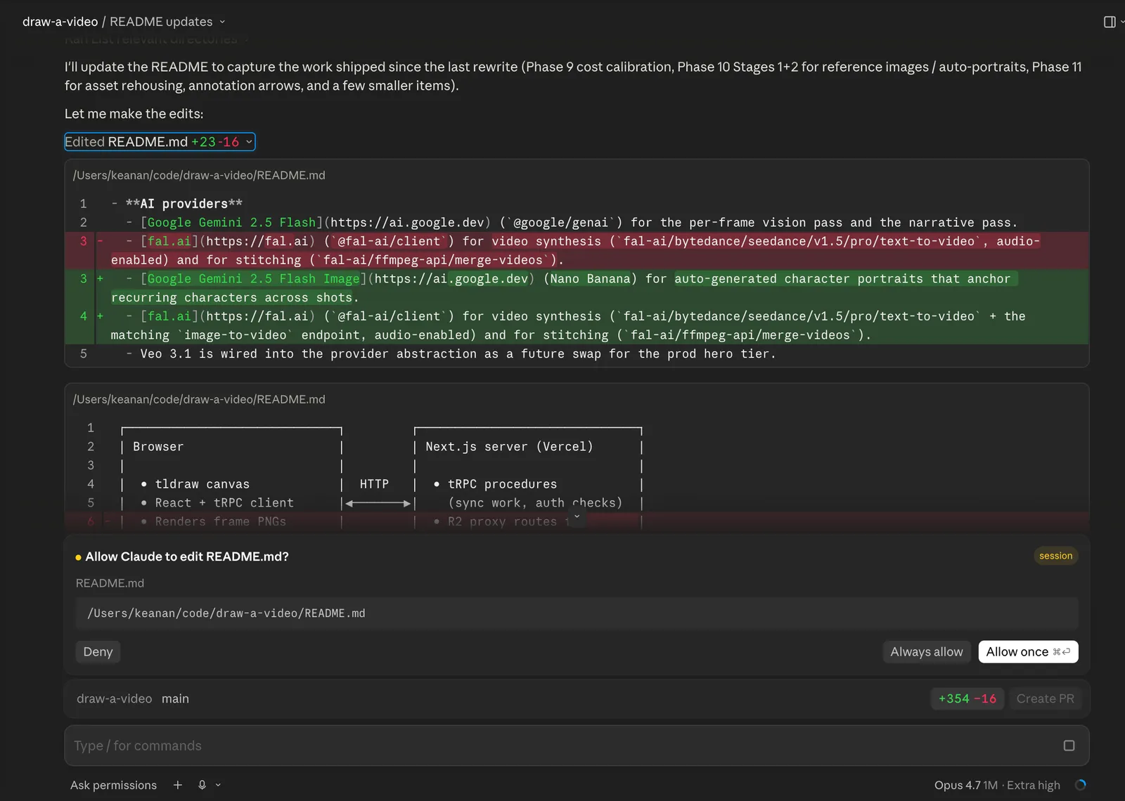 A Claude Code Desktop diff view in Ask permissions mode: red and green changes to a README file above an "Allow Claude to edit README.md?" prompt with Deny, Always allow, and Allow once buttons.