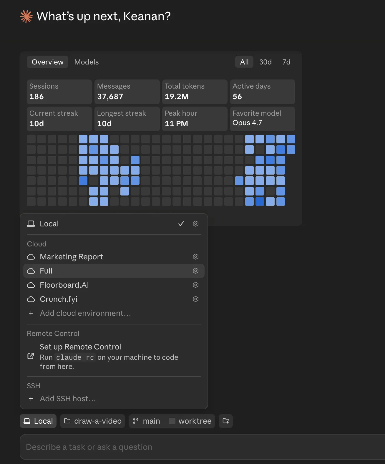 The Claude Code Desktop environment picker, showing Local selected at the top, a Cloud section, and an SSH option.