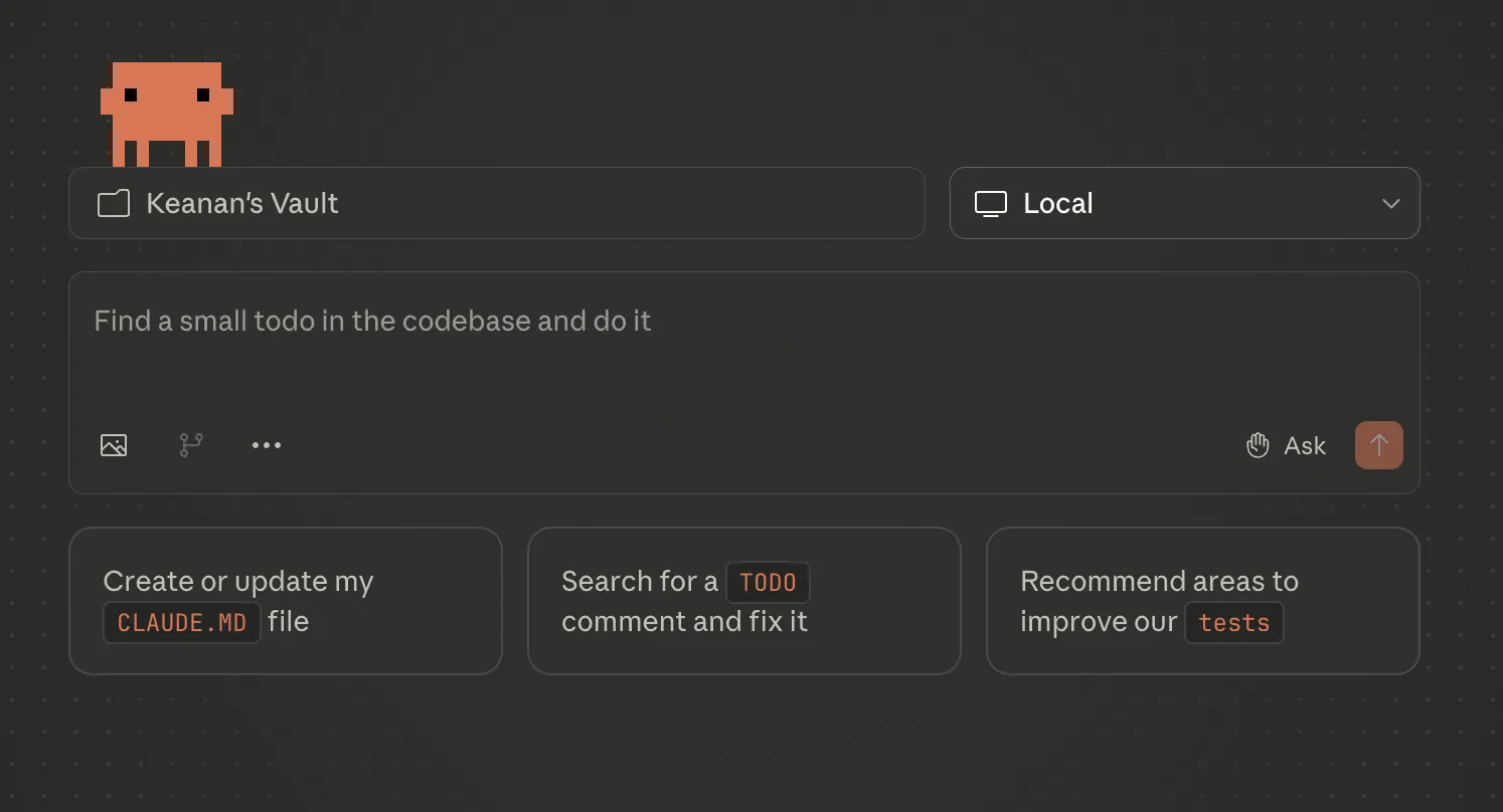 Claude Code Desktop with an Obsidian vault selected