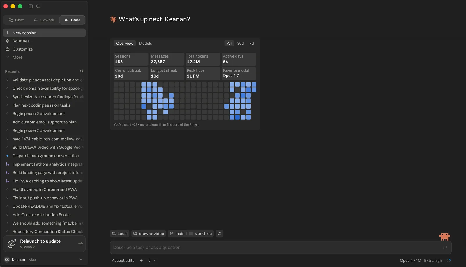 The Claude Code Desktop app open to the Code tab, with the Chat, Cowork, and Code tabs across the top, a sidebar of recent sessions, and a usage dashboard in the main pane.
