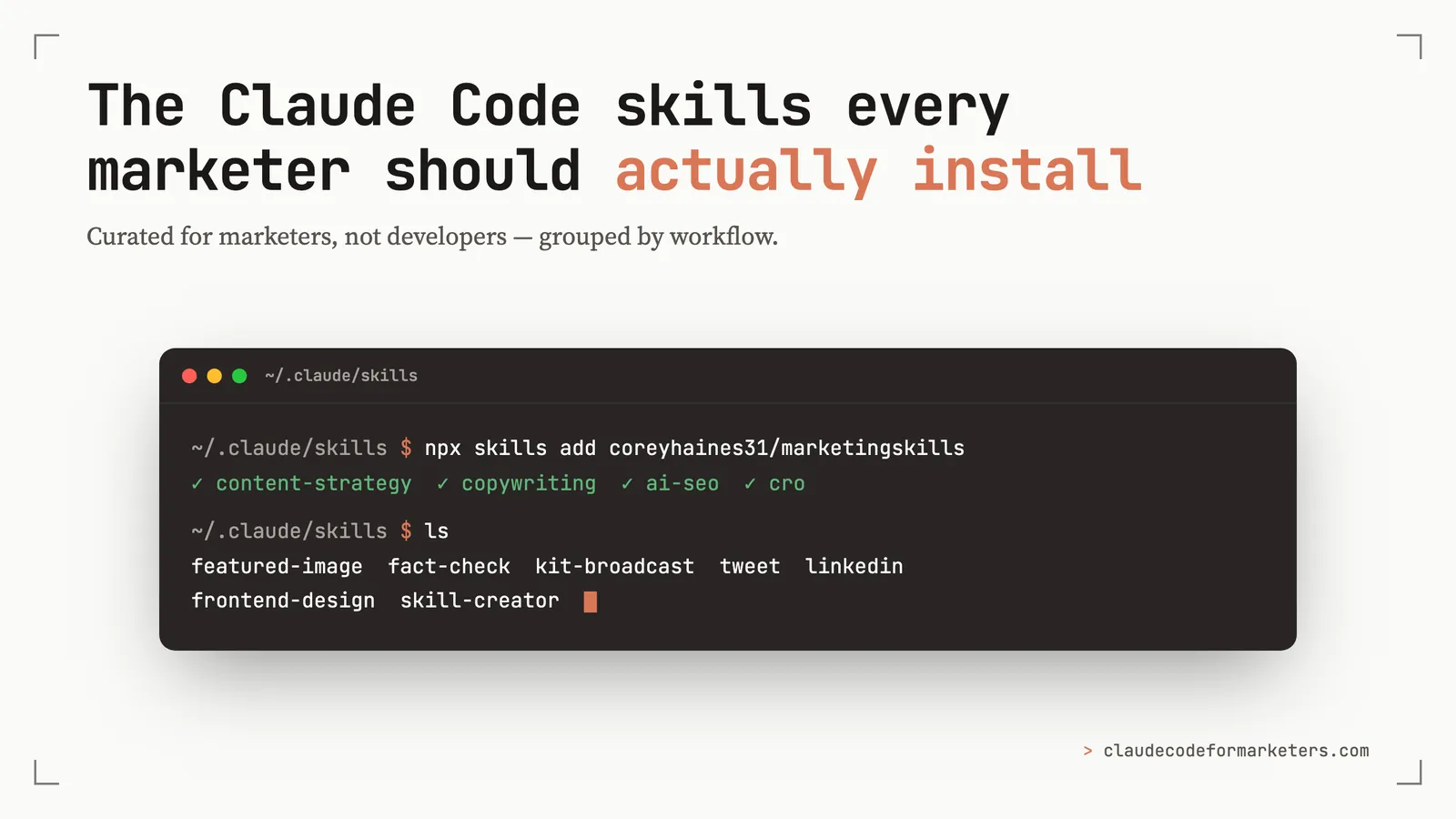 A terminal titled ~/.claude/skills running 'npx skills add coreyhaines31/marketingskills' with content-strategy, copywriting, ai-seo and cro installed, then an 'ls' listing featured-image, fact-check, kit-broadcast, tweet, linkedin, frontend-design and skill-creator, under the headline 'The Claude Code skills every marketer should actually install.'