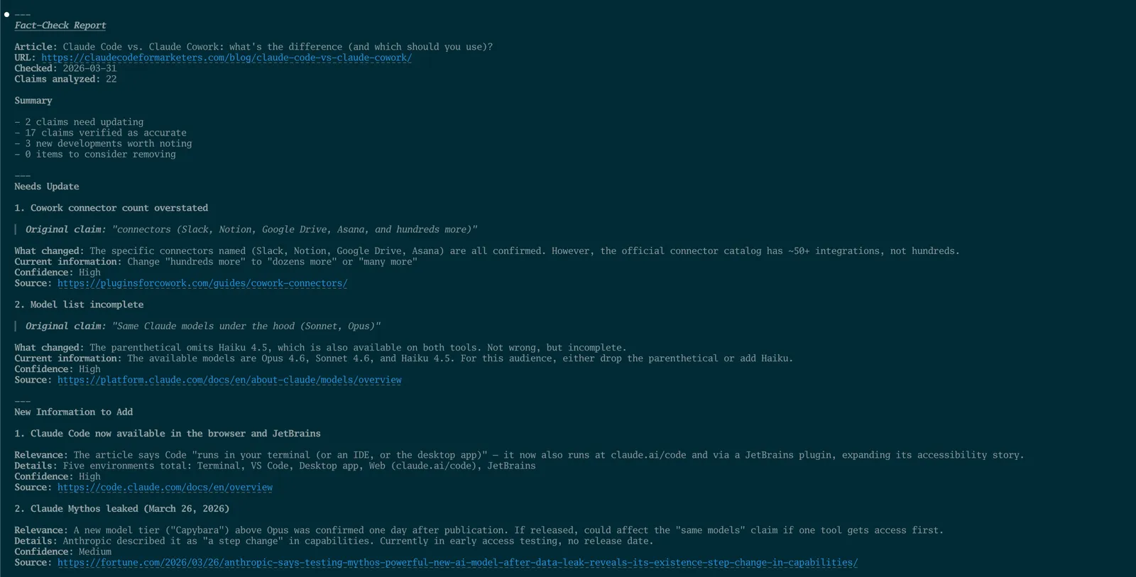 The fact-check report showing which claims need updating, new information to add, and which claims are still accurate