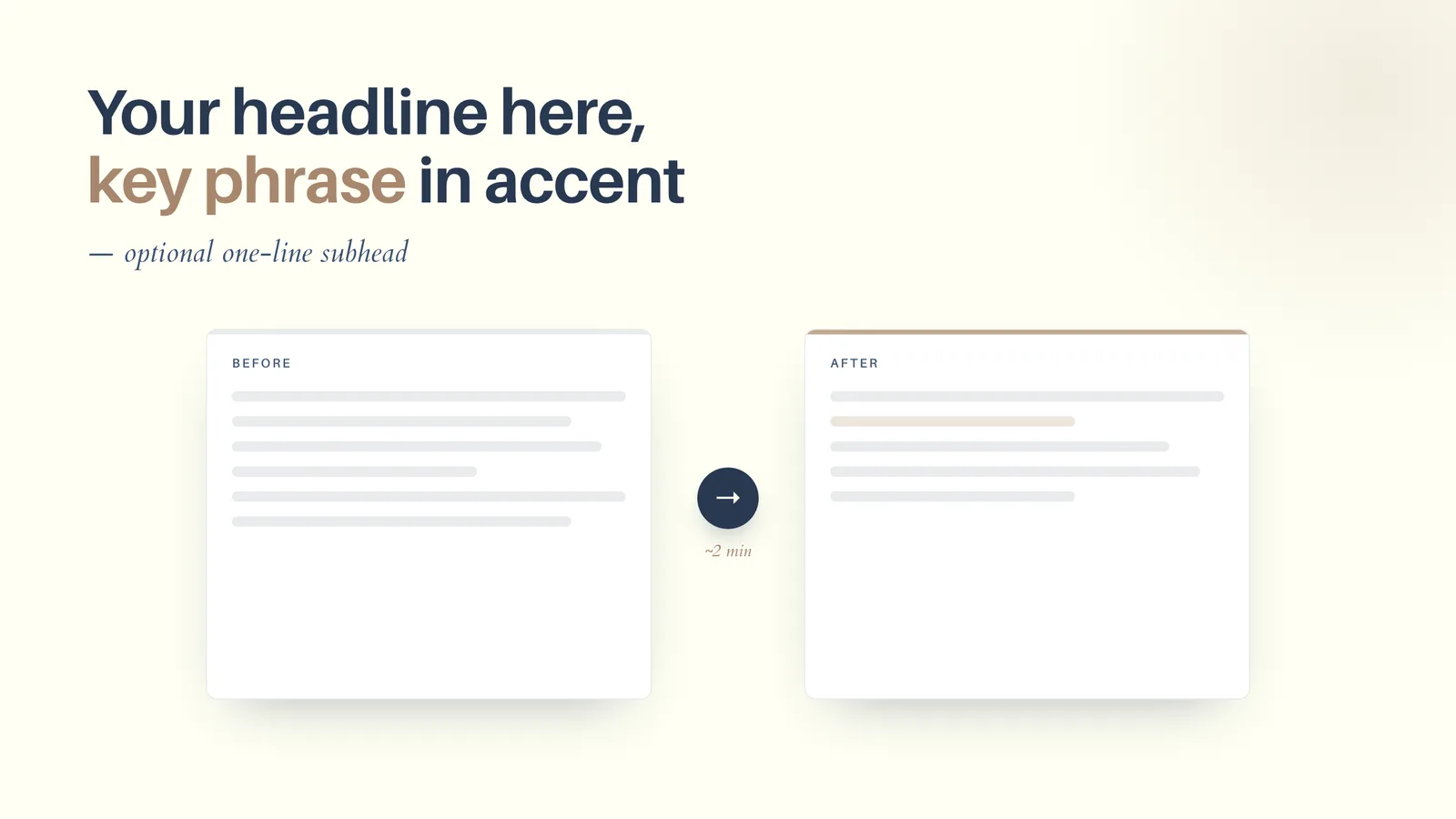 A blank FloorboardAI featured-image template: placeholder headline with an accent phrase, an italic subhead line, and a sample before/after document visual, all in the navy-and-cream brand.