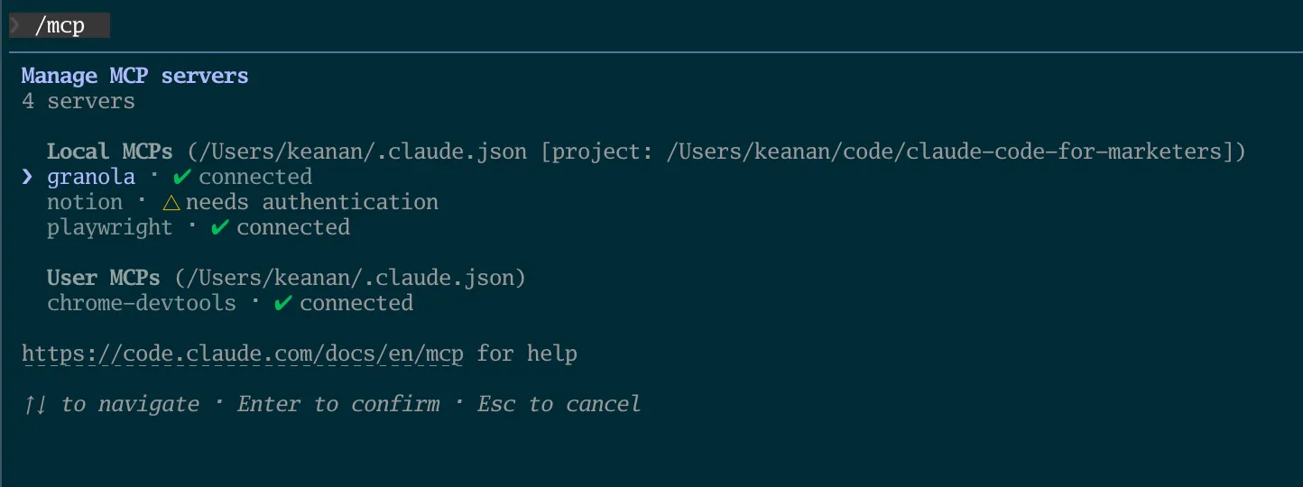 The /mcp command in Claude Code showing Granola connected