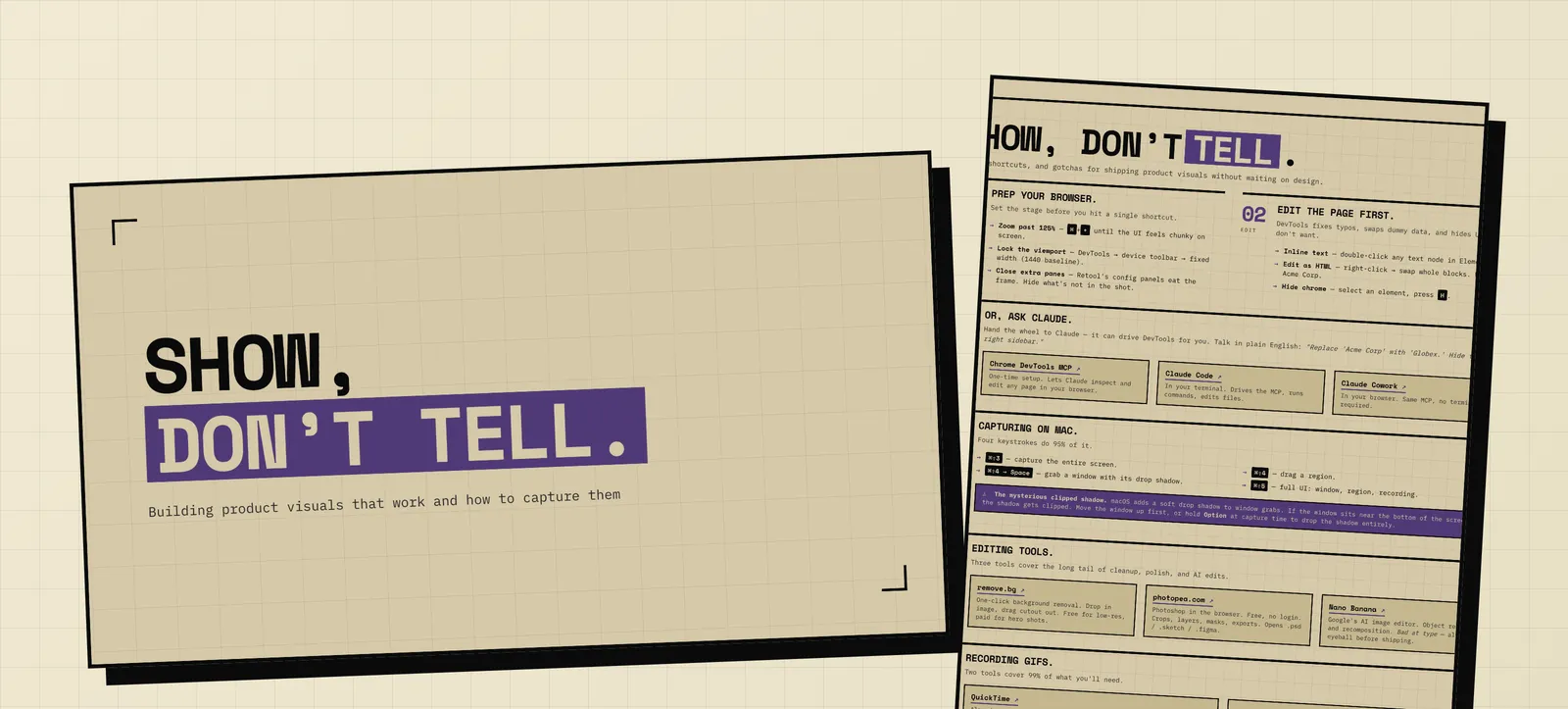 A brutalist HTML title slide reading 'Show, don't tell.' next to a one-page printable takeaway in the same design language, both rendered as layered artifacts on a tan grid background.