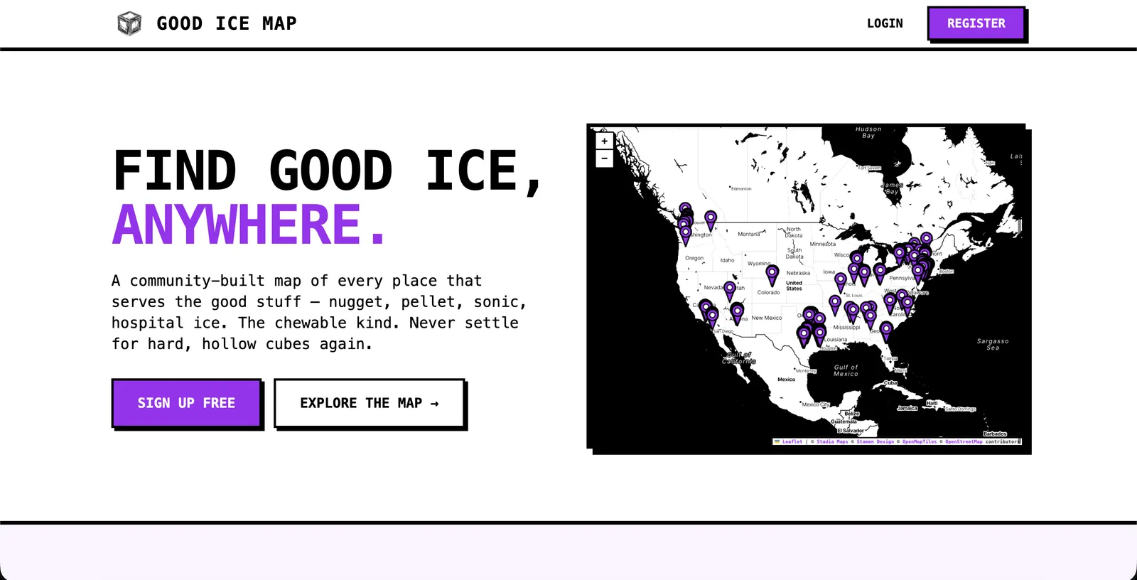The hero of the deployed Good Ice Map landing page, showing the headline 'Find good ice, anywhere' next to a screenshot of the live map