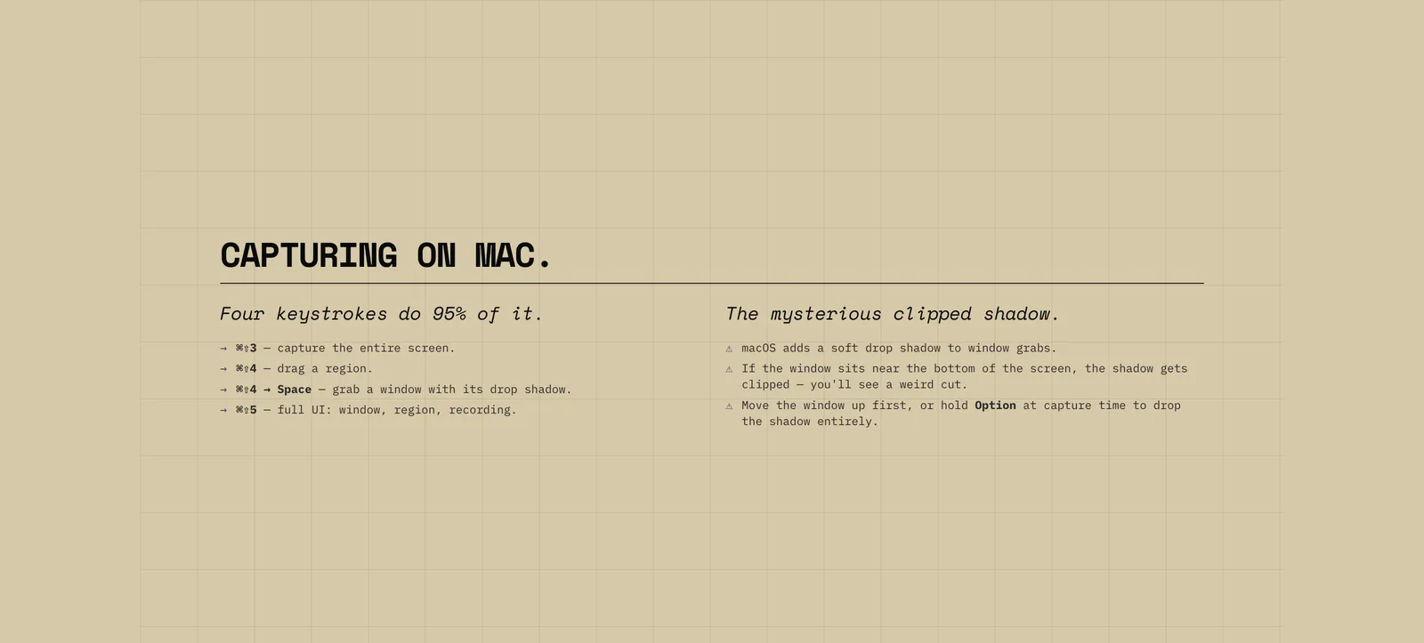 A two-column slide titled "Capturing on Mac." The left column lists four Mac screenshot keystrokes (Cmd-Shift-3 through Cmd-Shift-5); the right column warns about the macOS drop-shadow getting clipped near the bottom of the screen.
