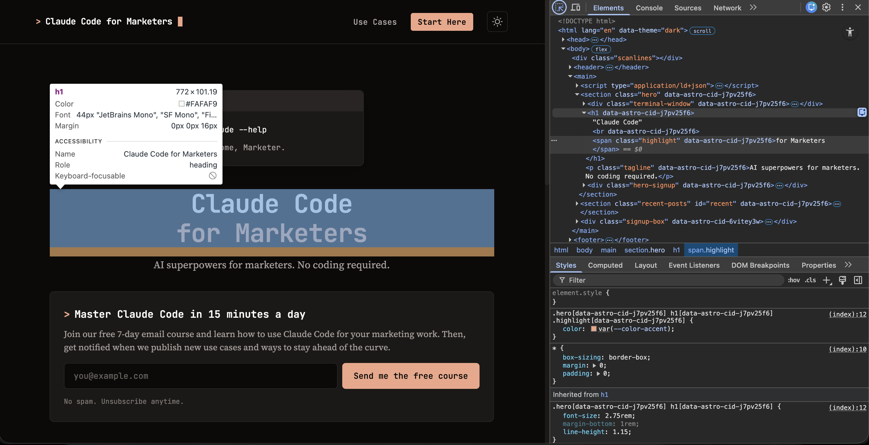 Claude extracting styles from claudecodeformarketers.com using Chrome DevTools MCP