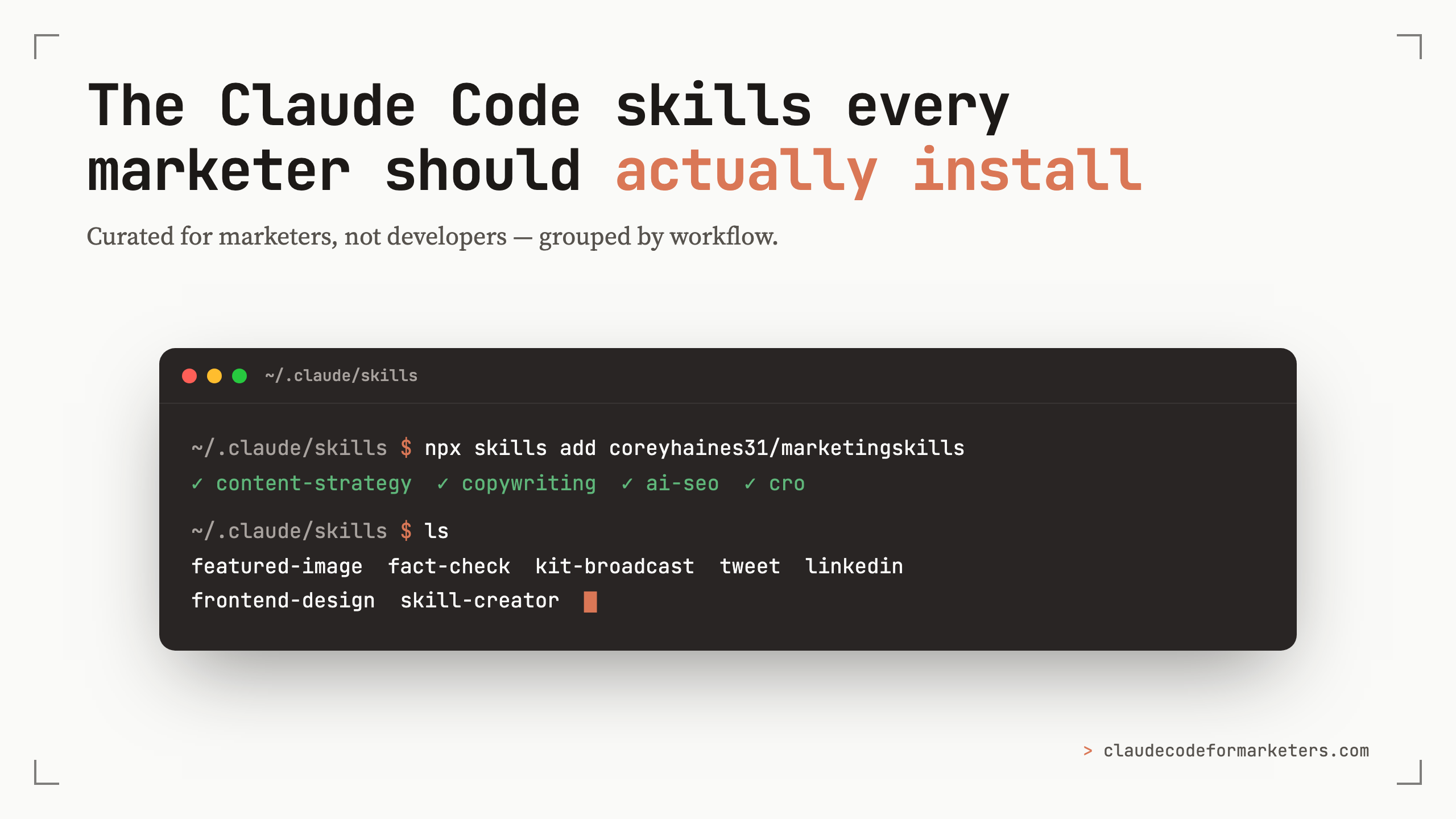 A terminal titled ~/.claude/skills running 'npx skills add coreyhaines31/marketingskills' with content-strategy, copywriting, ai-seo and cro installed, then an 'ls' listing featured-image, fact-check, kit-broadcast, tweet, linkedin, frontend-design and skill-creator, under the headline 'The Claude Code skills every marketer should actually install.'
