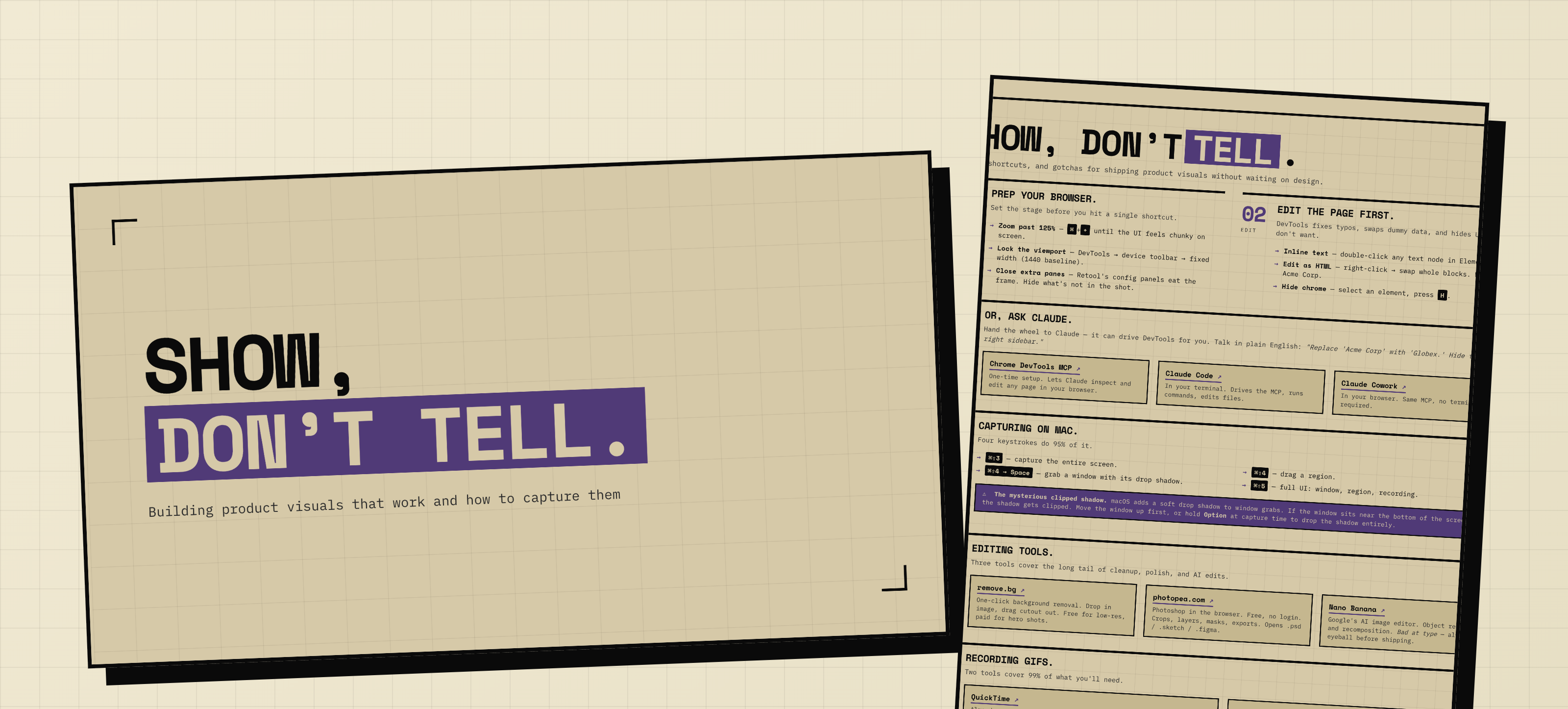 A brutalist HTML title slide reading 'Show, don't tell.' next to a one-page printable takeaway in the same design language, both rendered as layered artifacts on a tan grid background.